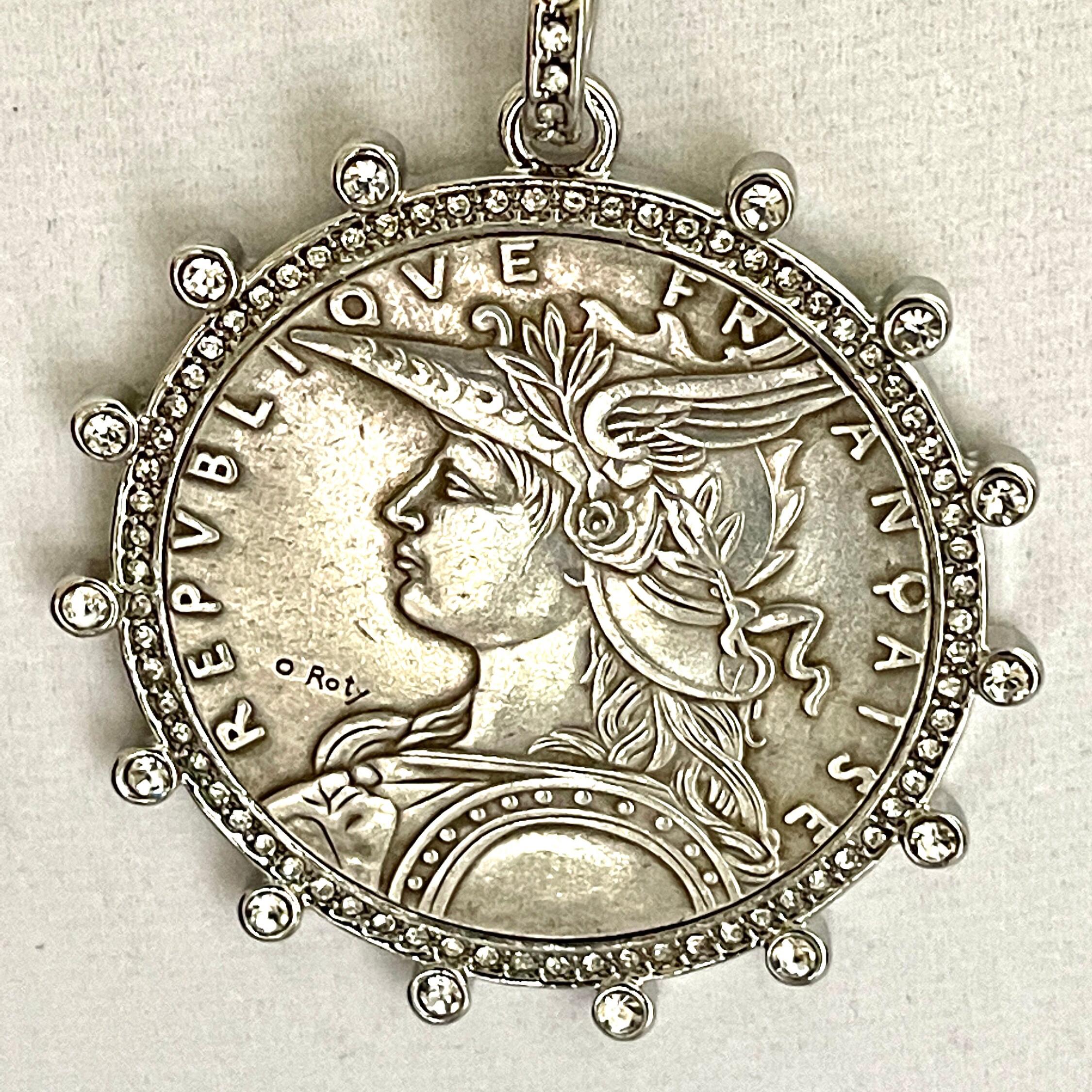 Silver Reproduction French Coin Necklace-Porcelain Coin Shape Pearl