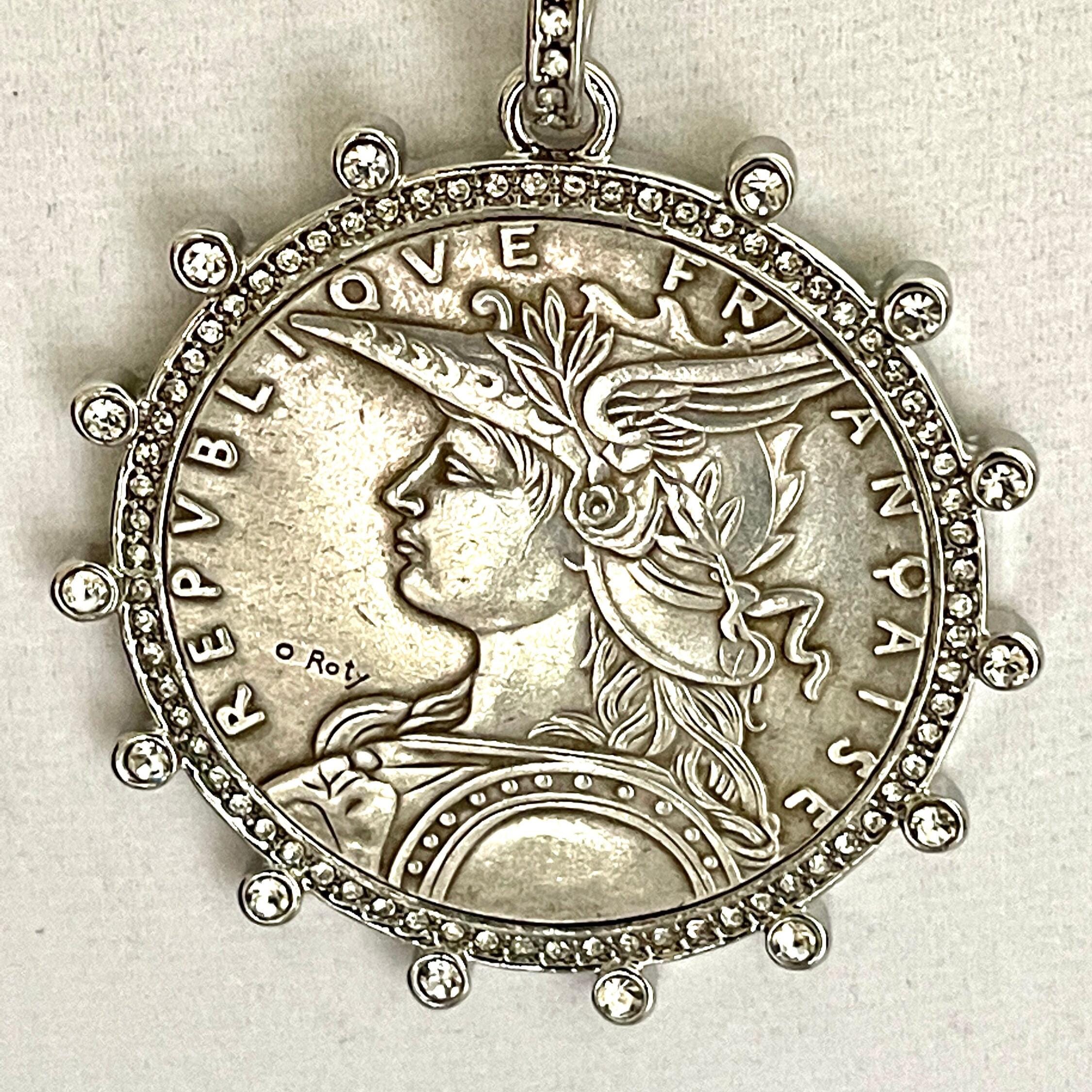 Silver Reproduction French Coin Necklace-Porcelain Coin Shape Pearl