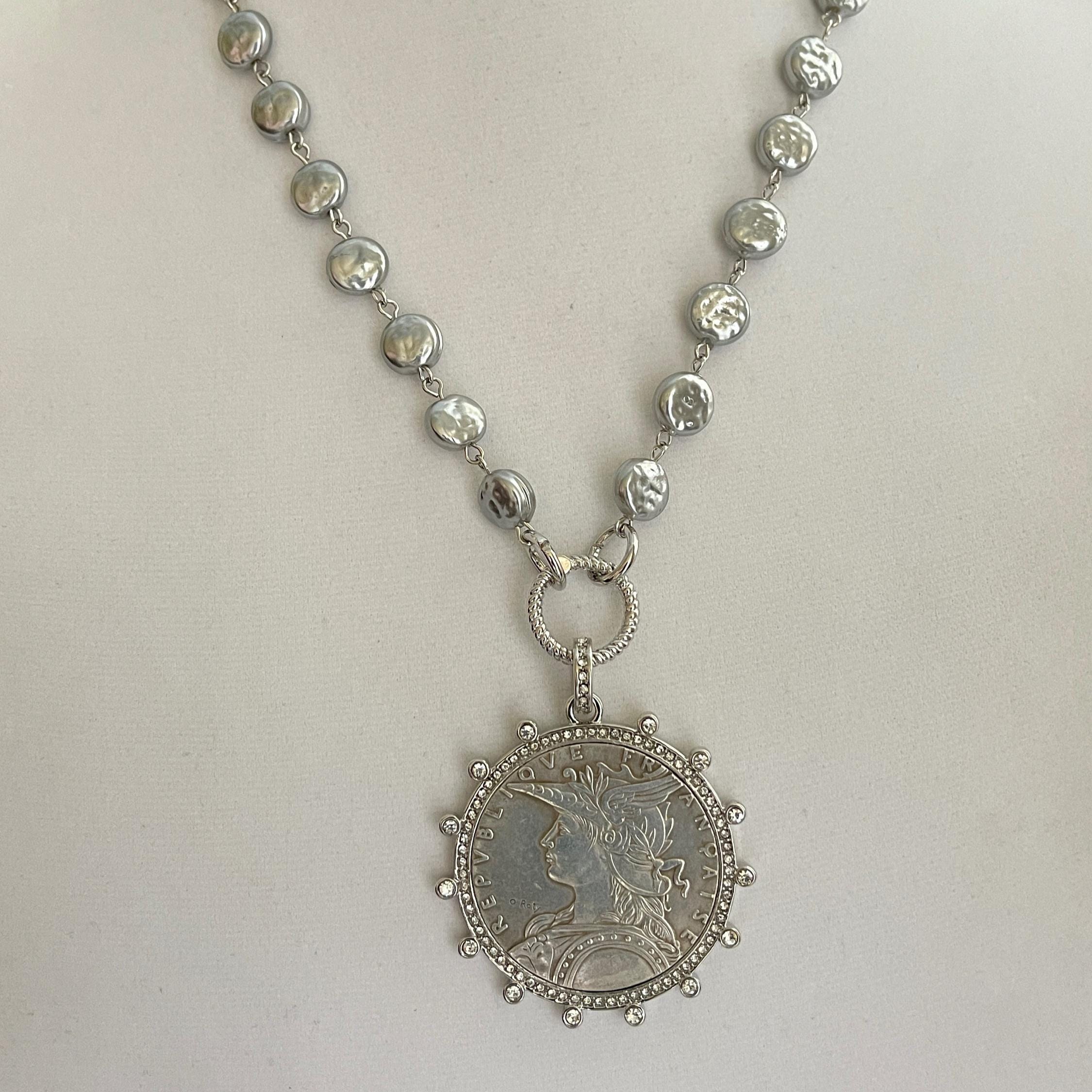 Silver Reproduction French Coin Necklace-Porcelain Coin Shape Pearl
