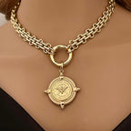 Gold Chunky Chain Necklace, French Bee Coin Pendant, Art Deco Style