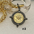Gold Chunky Chain Necklace, French Bee Coin Pendant, Art Deco Style