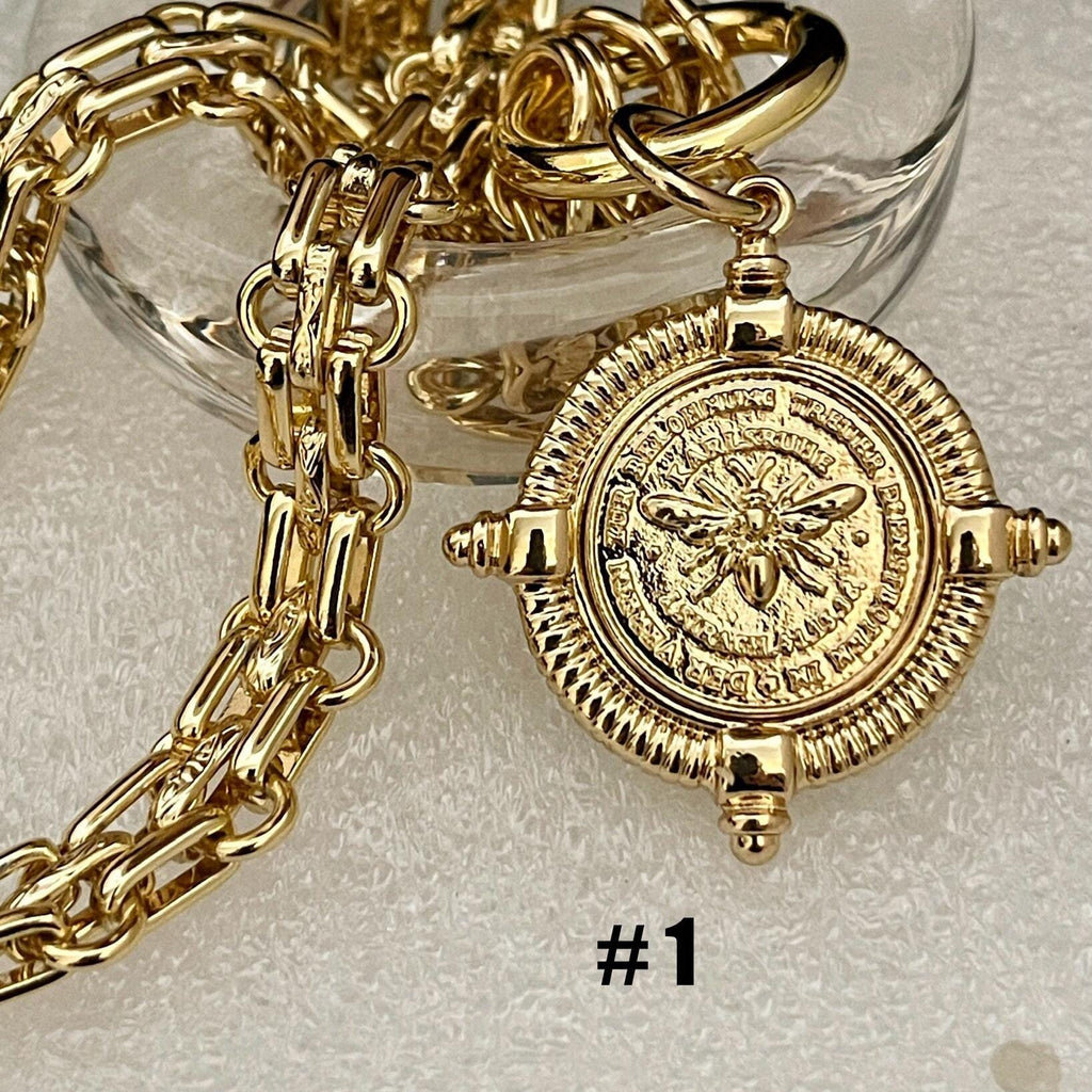 Gold Chunky Chain Necklace, French Bee Coin Pendant, Art Deco Style