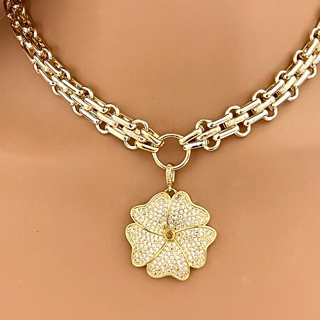 Gold Chunky Multilink Chain Necklace- Micro Pave Flower Pendant-CZ Charm-Gold Textured Chain Necklace-Lobster Clasp-Gift For Her