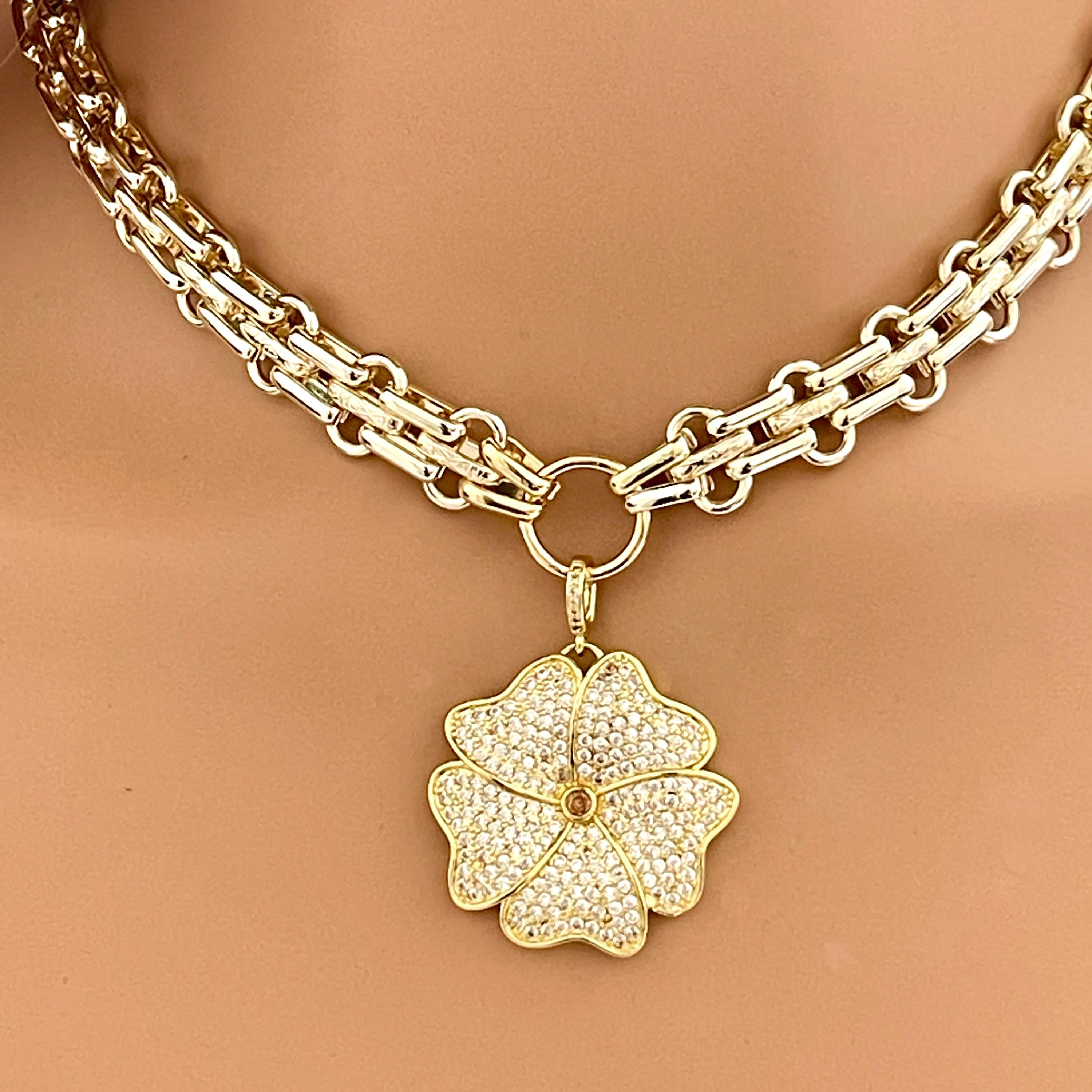 Gold Chunky Multilink Chain Necklace- Micro Pave Flower Pendant-CZ Charm-Gold Textured Chain Necklace-Lobster Clasp-Gift For Her