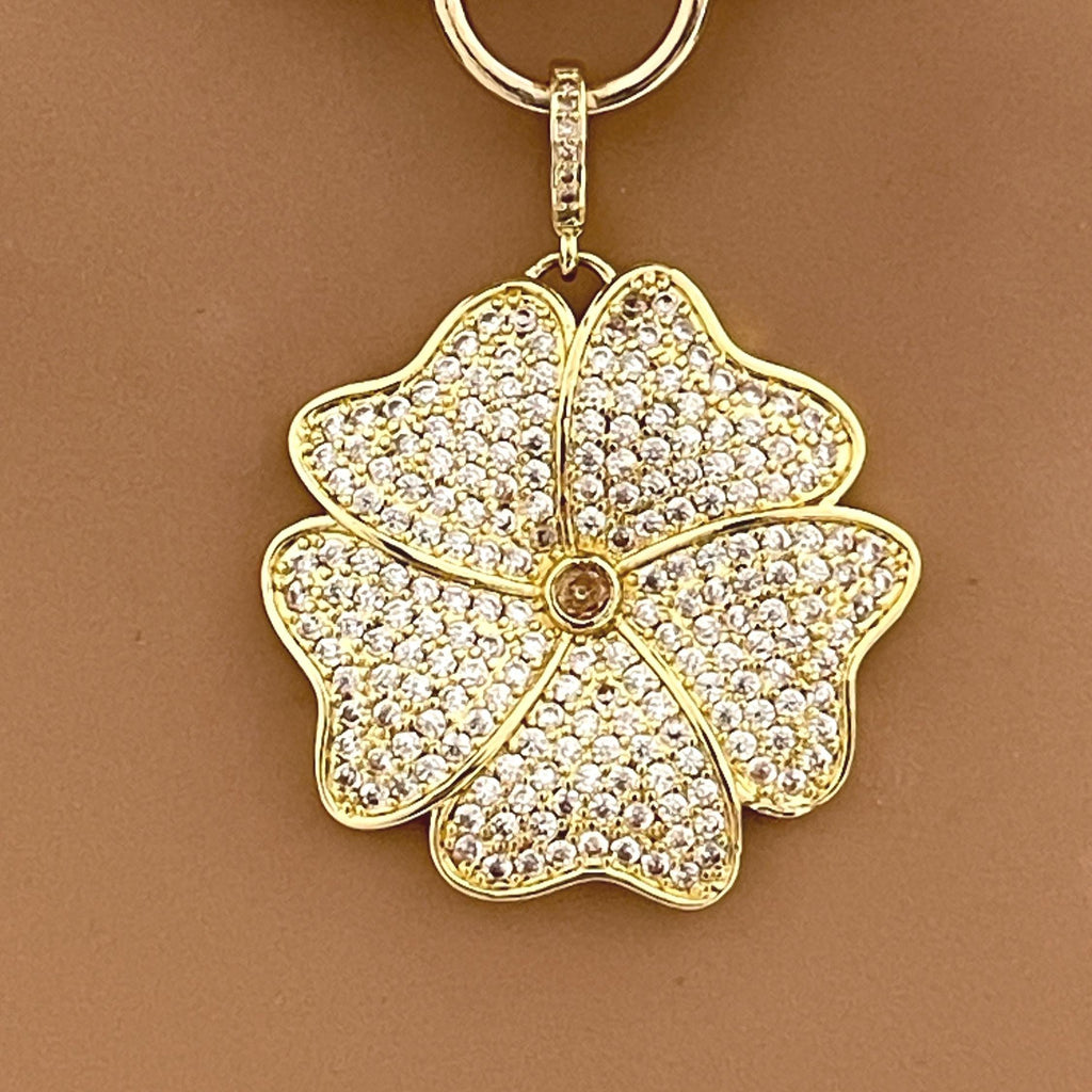 Gold Chunky Multilink Chain Necklace- Micro Pave Flower Pendant-CZ Charm-Gold Textured Chain Necklace-Lobster Clasp-Gift For Her