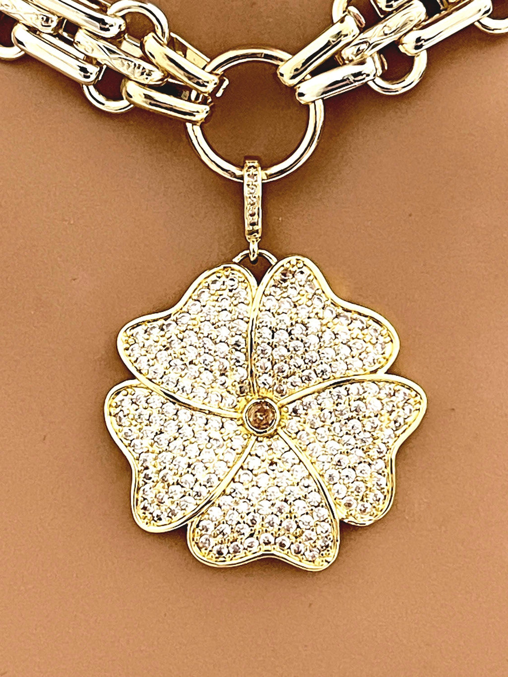 Gold Chunky Multilink Chain Necklace- Micro Pave Flower Pendant-CZ Charm-Gold Textured Chain Necklace-Lobster Clasp-Gift For Her