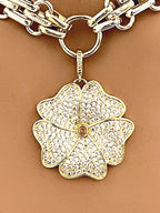 Gold Chunky Multilink Chain Necklace- Micro Pave Flower Pendant-CZ Charm-Gold Textured Chain Necklace-Lobster Clasp-Gift For Her