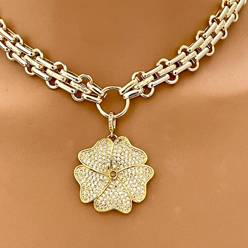 Gold Chunky Multilink Chain Necklace- Micro Pave Flower Pendant-CZ Charm-Gold Textured Chain Necklace-Lobster Clasp-Gift For Her