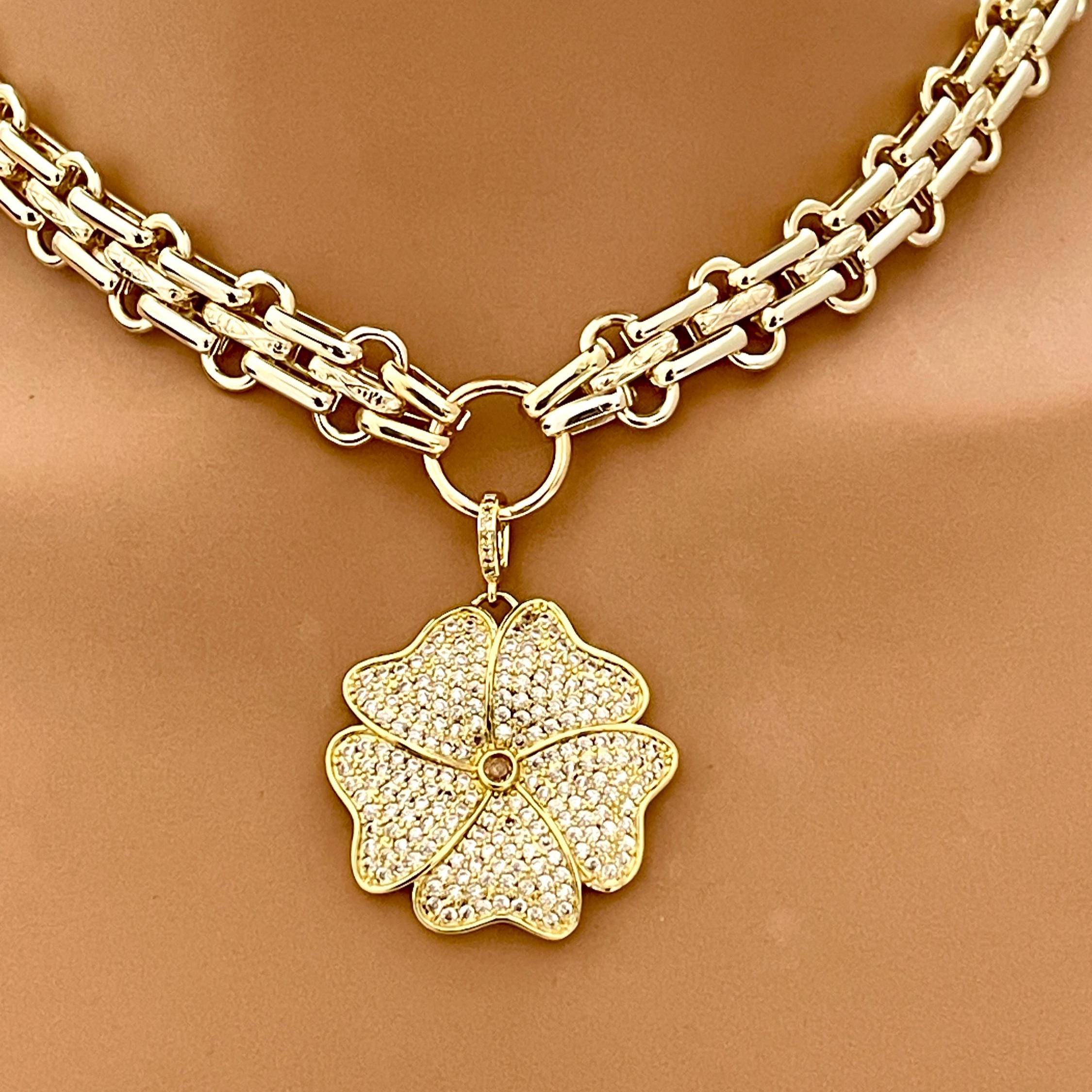 Gold Chunky Multilink Chain Necklace- Micro Pave Flower Pendant-CZ Charm-Gold Textured Chain Necklace-Lobster Clasp-Gift For Her