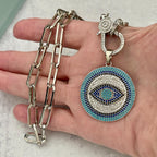 Silver Carabiner Chain Necklace-Pave Turquoise Evil Eye Pendant-Lobster Clasp Chain Jewelry-Stylish Chain Necklace-Paperclip Link Chain