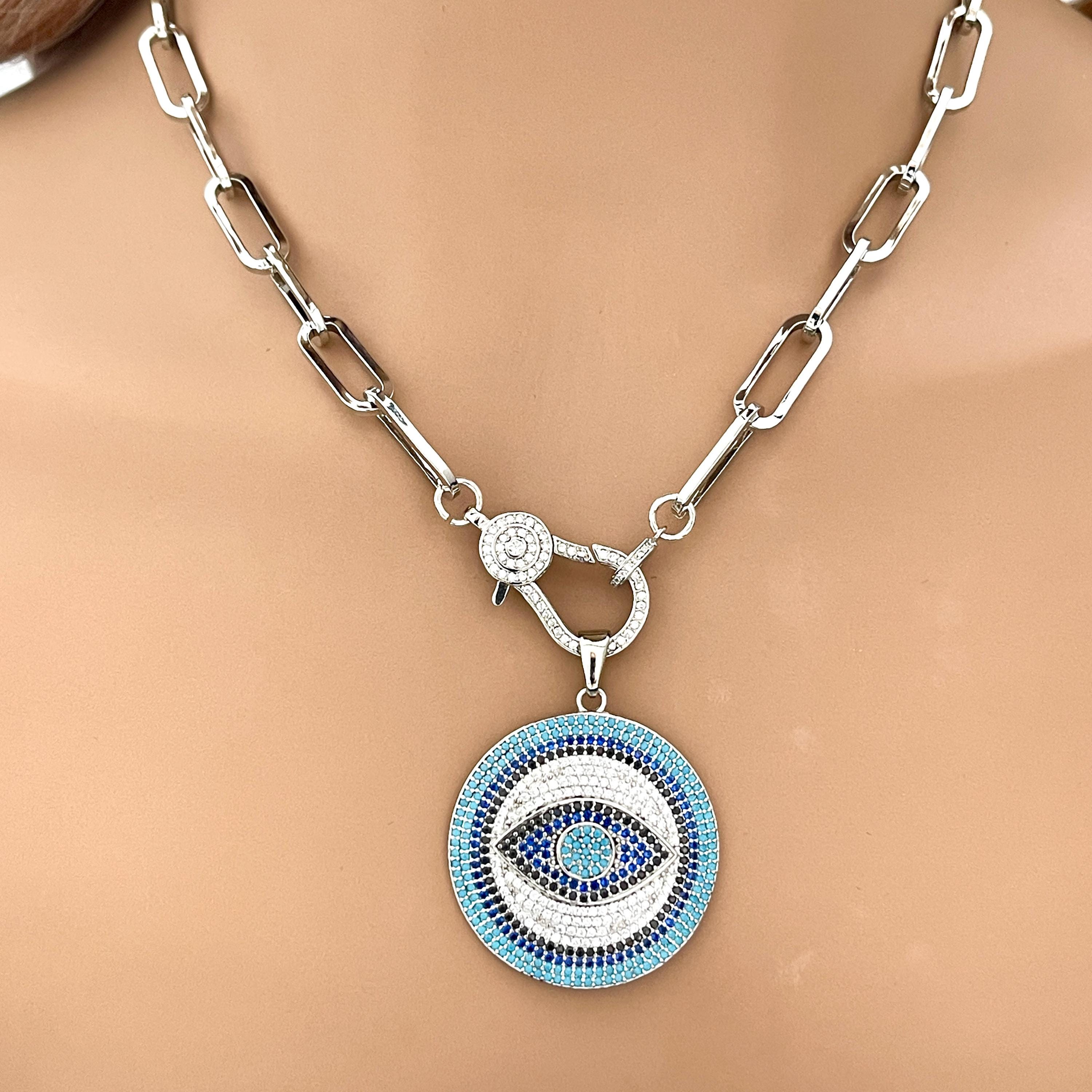 Silver Carabiner Chain Necklace-Pave Turquoise Evil Eye Pendant-Lobster Clasp Chain Jewelry-Stylish Chain Necklace-Paperclip Link Chain