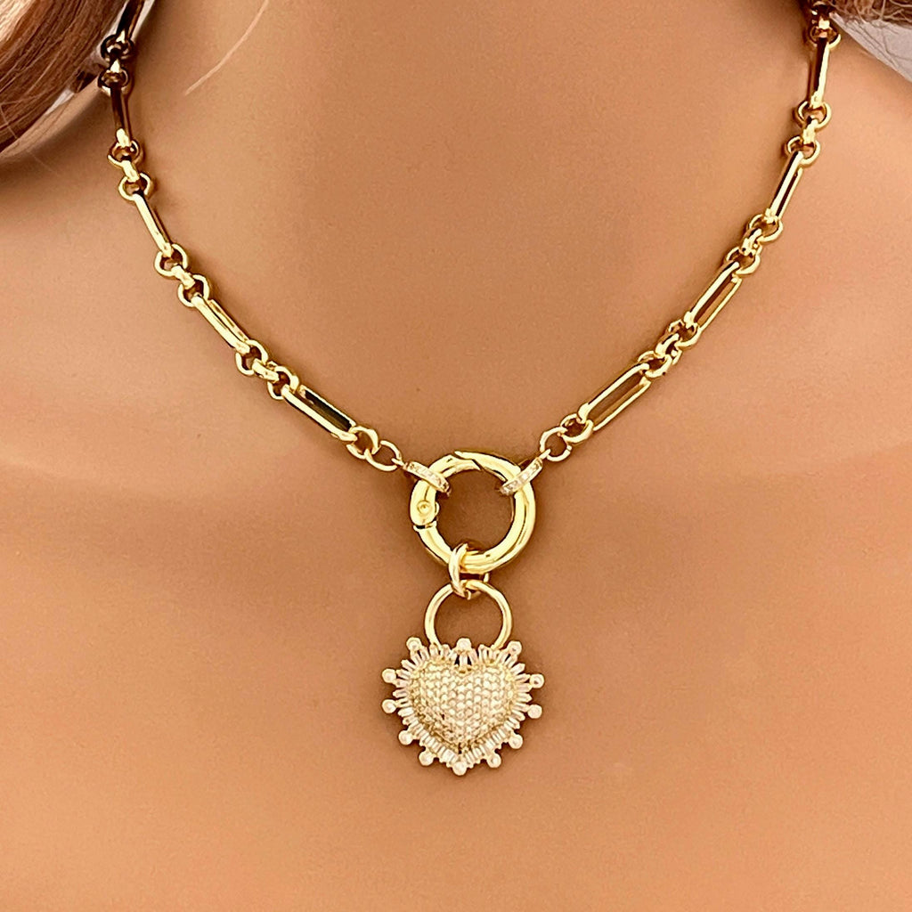 Gold Multilink Chain Necklace-Micro Pave Heart Pendant-Stylish Layering Chain Necklace-Spring Lock Clasp-Gift for Her