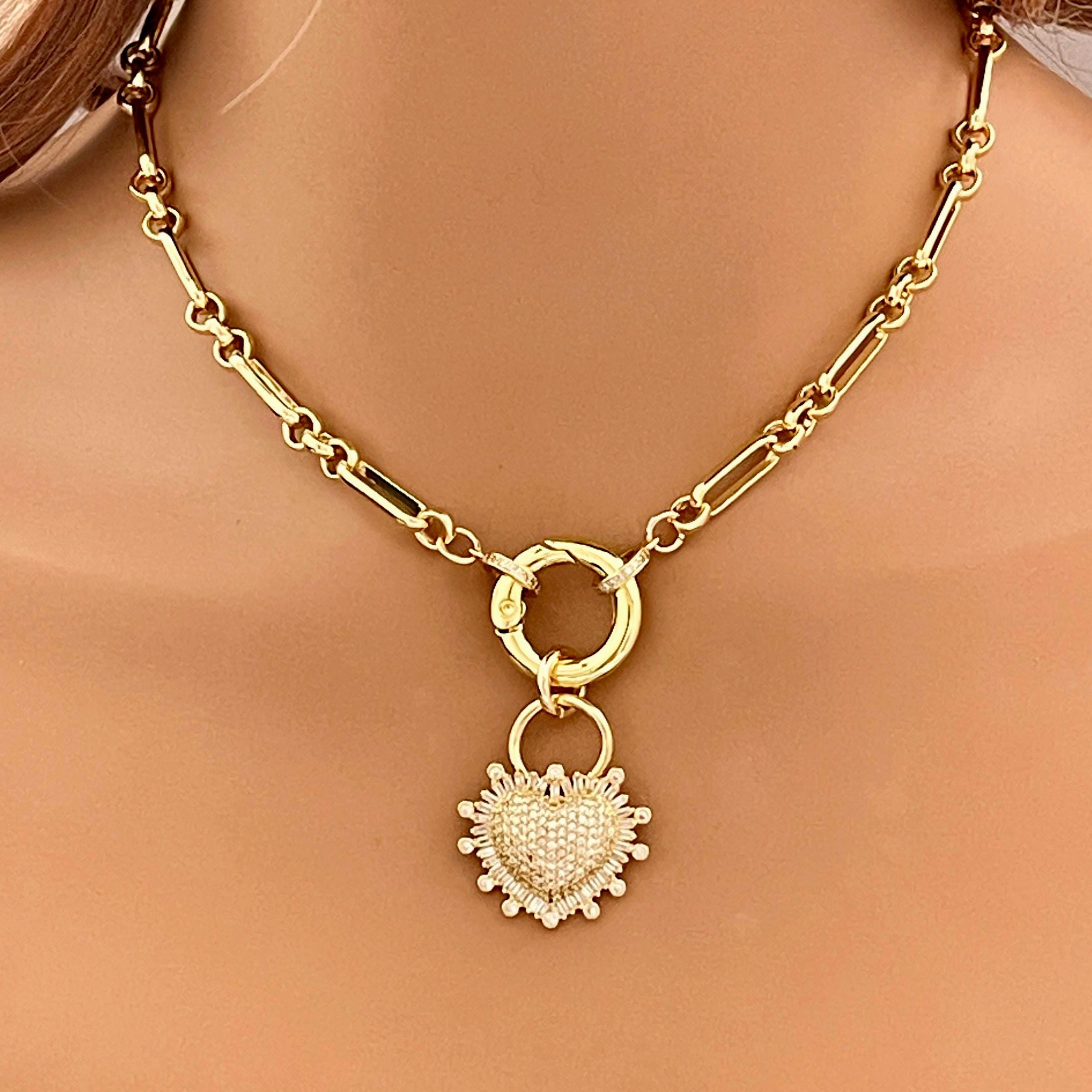 Gold Multilink Chain Necklace-Micro Pave Heart Pendant-Stylish Layering Chain Necklace-Spring Lock Clasp-Gift for Her