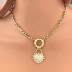 Gold Multilink Chain Necklace-Micro Pave Heart Pendant-Stylish Layering Chain Necklace-Spring Lock Clasp-Gift for Her