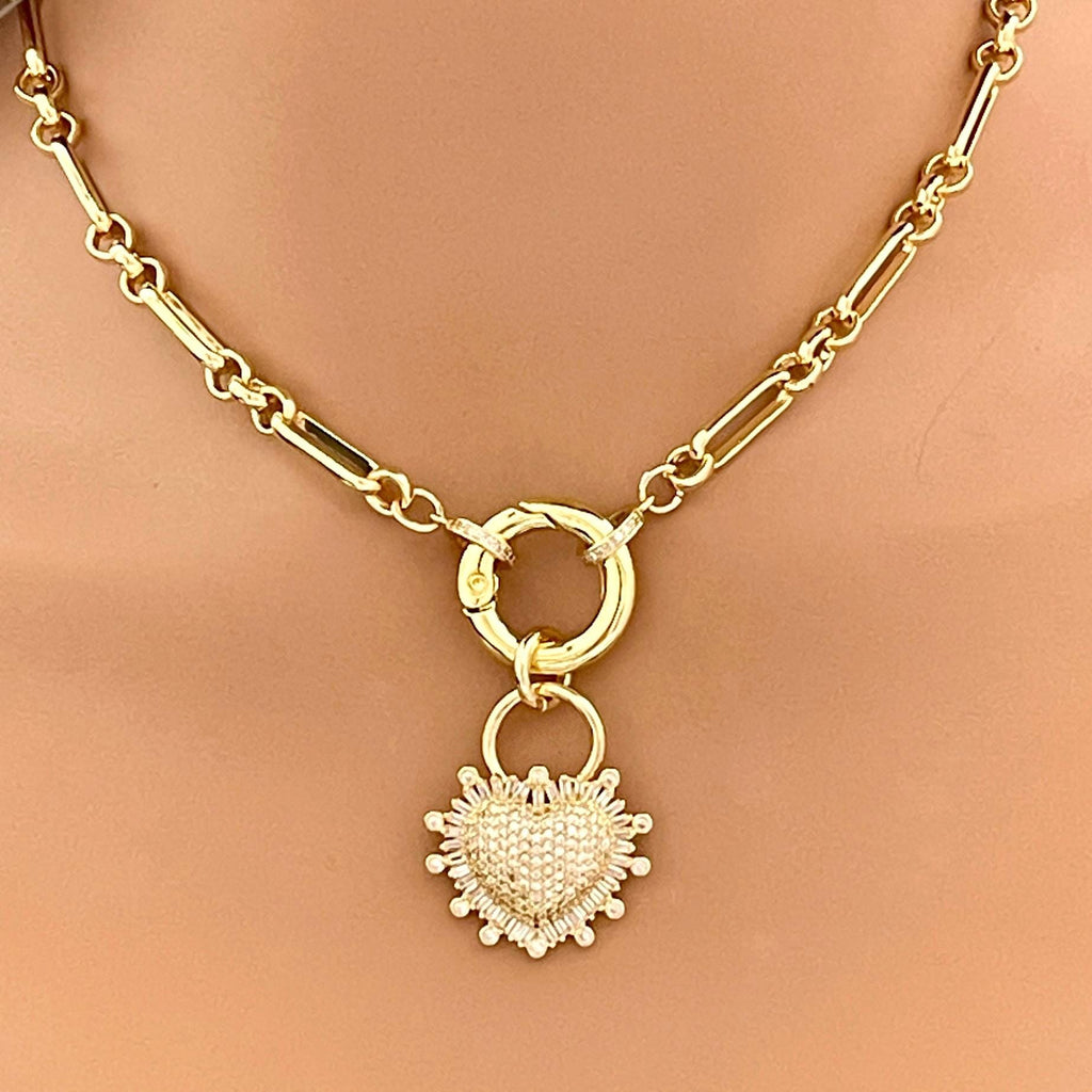 Gold Multilink Chain Necklace-Micro Pave Heart Pendant-Stylish Layering Chain Necklace-Spring Lock Clasp-Gift for Her
