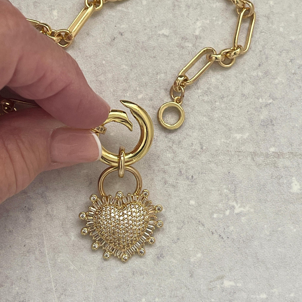 Gold Multilink Chain Necklace-Micro Pave Heart Pendant-Stylish Layering Chain Necklace-Spring Lock Clasp-Gift for Her