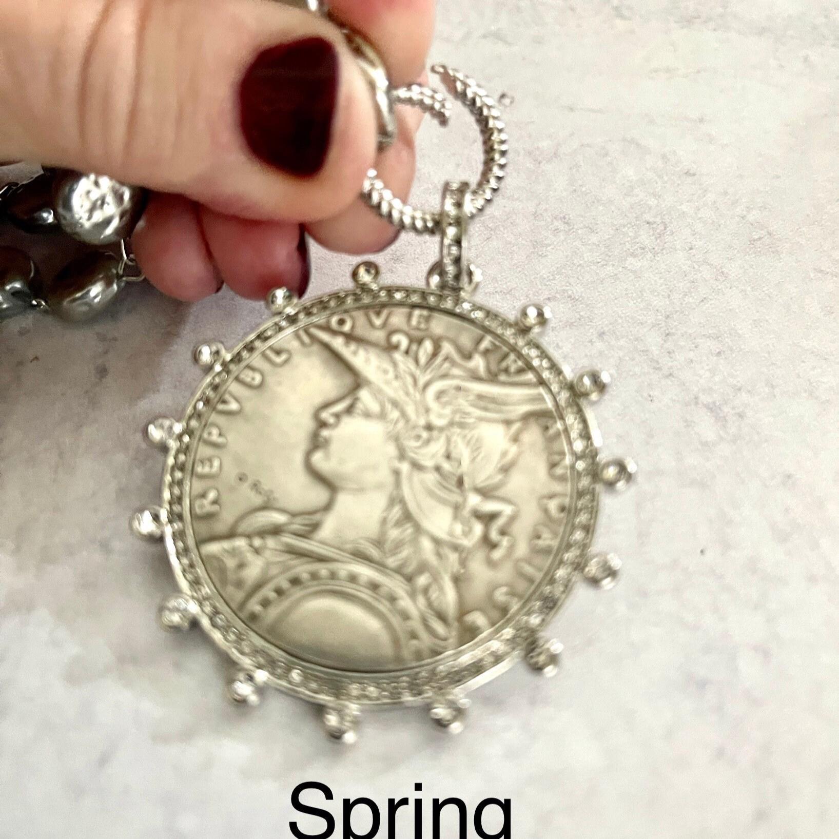 Silver Reproduction French Coin Necklace-Porcelain Coin Shape Pearl