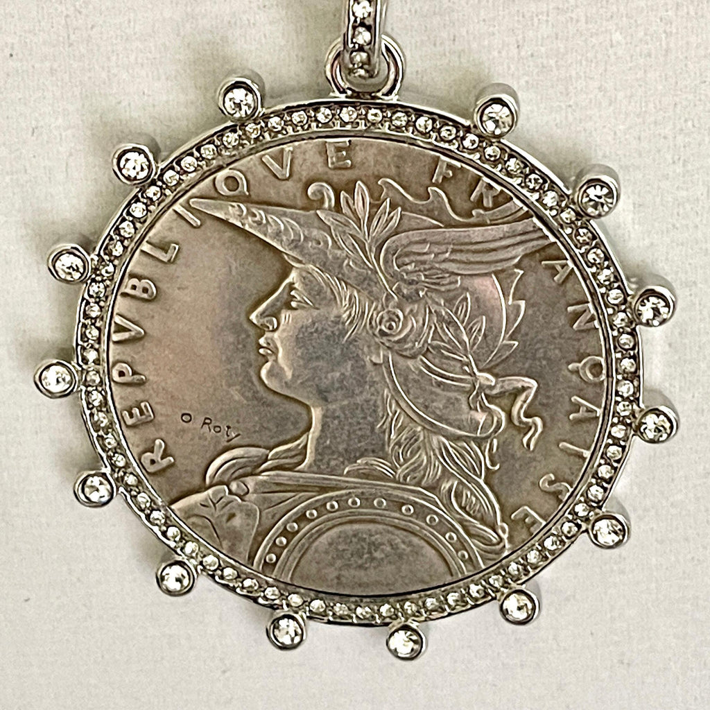 Silver Reproduction French Coin Necklace-Porcelain Coin Shape Pearl