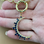 Jewelled Moon Pendant Necklace-Choice of 4 CZ Colors-Gold Paperclip Chain-Spring Lock Clasp-Celestial Jewelry-Gift For Her