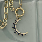 Jewelled Moon Pendant Necklace-Choice of 4 CZ Colors-Gold Paperclip Chain-Spring Lock Clasp-Celestial Jewelry-Gift For Her