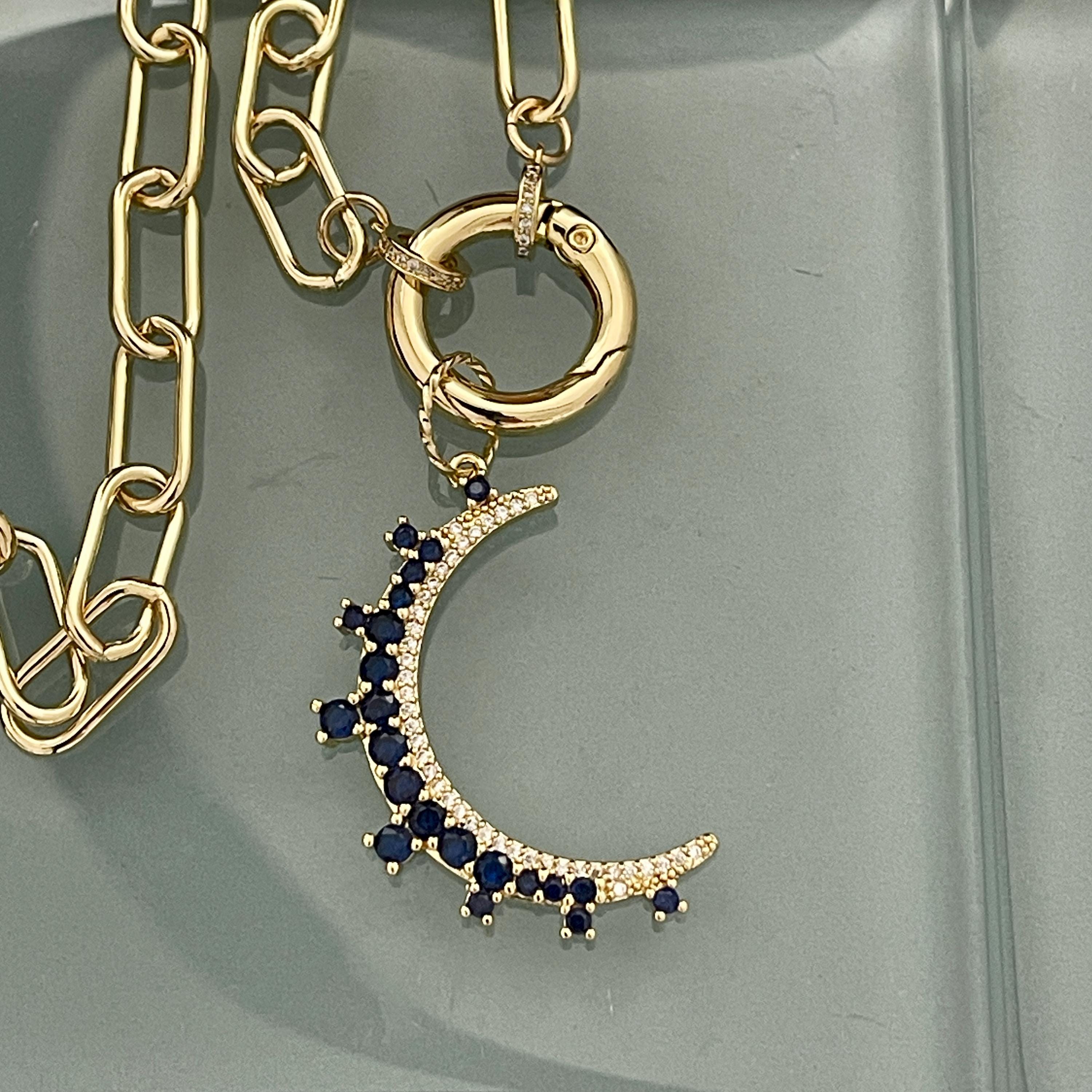 Jewelled Moon Pendant Necklace-Choice of 4 CZ Colors-Gold Paperclip Chain-Spring Lock Clasp-Celestial Jewelry-Gift For Her