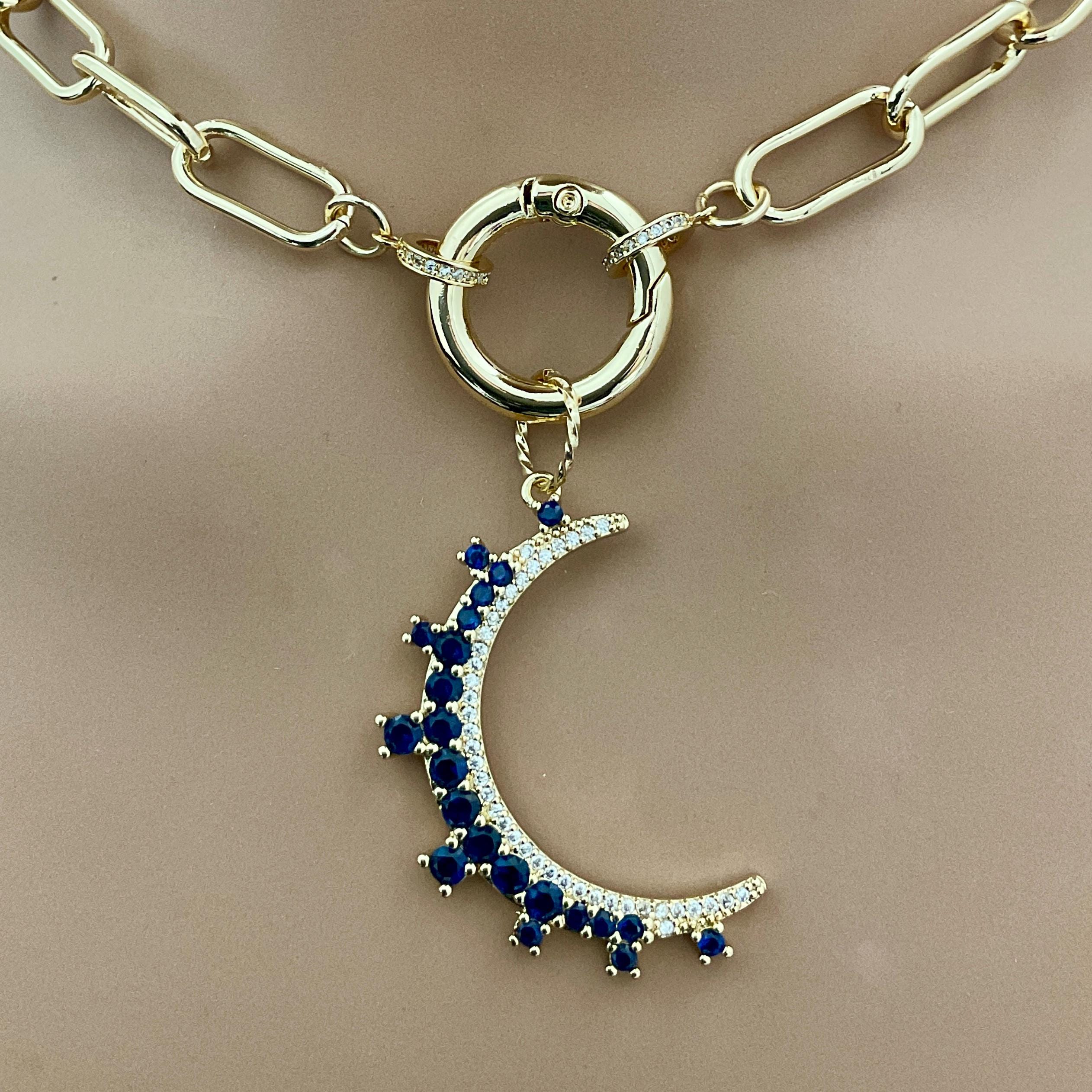 Celestial Moon Pendant Necklace, CZ Gemstone, Gold Paperclip Chain