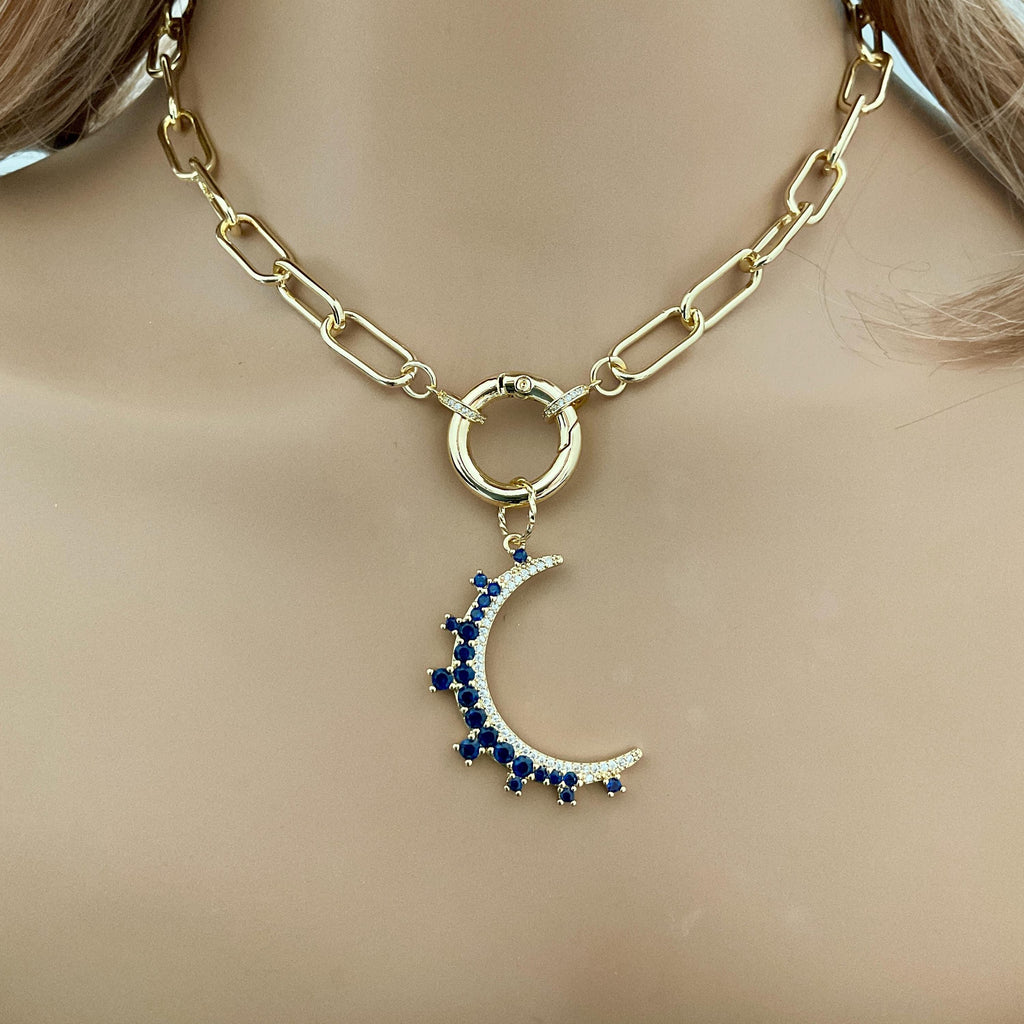 Jewelled Moon Pendant Necklace-Choice of 4 CZ Colors-Gold Paperclip Chain-Spring Lock Clasp-Celestial Jewelry-Gift For Her