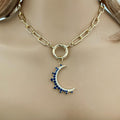 Celestial Moon Pendant Necklace, CZ Gemstone, Gold Paperclip Chain