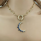Jewelled Moon Pendant Necklace-Choice of 4 CZ Colors-Gold Paperclip Chain-Spring Lock Clasp-Celestial Jewelry-Gift For Her
