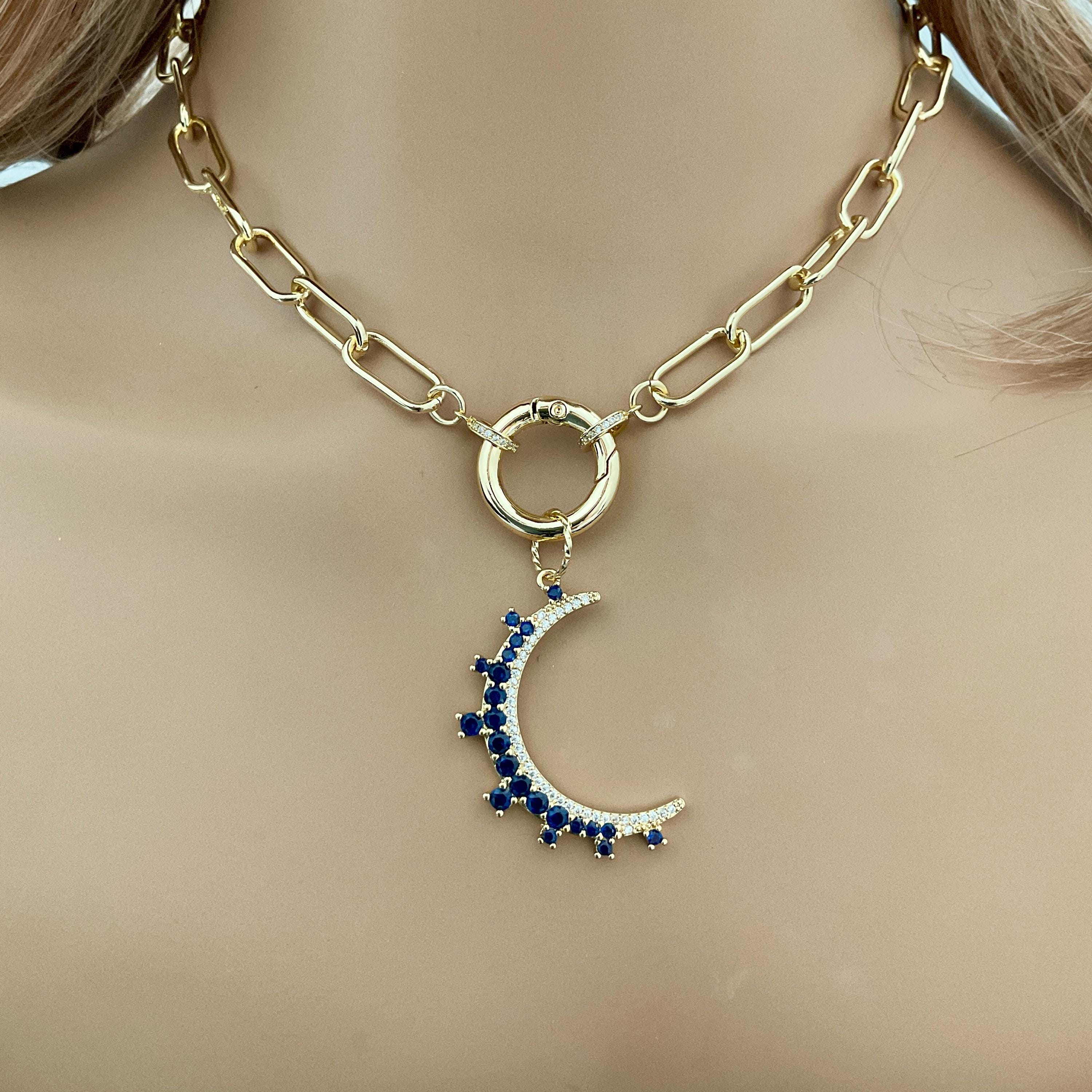 Jewelled Moon Pendant Necklace-Choice of 4 CZ Colors-Gold Paperclip Chain-Spring Lock Clasp-Celestial Jewelry-Gift For Her