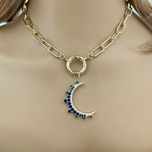 Jewelled Moon Pendant Necklace-Choice of 4 CZ Colors-Gold Paperclip Chain-Spring Lock Clasp-Celestial Jewelry-Gift For Her