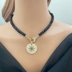 Black Crystal Faceted Bead Necklace-Gold Micro Pave Star Pendant-Mixed Metal Jewelry-Micro Pave Lobster Clasp-18ins-Gift For Her