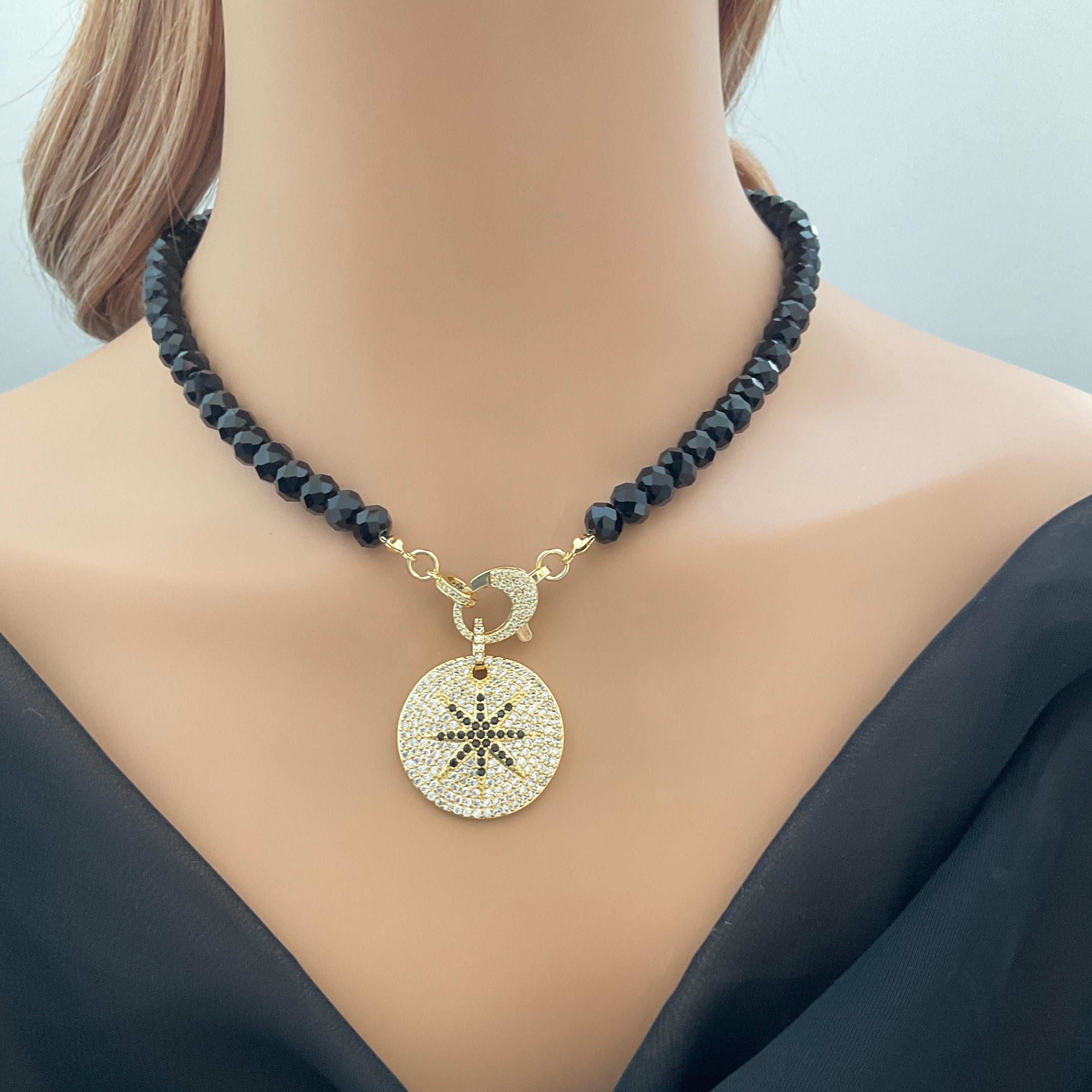 Black Crystal Faceted Bead Necklace-Gold Micro Pave Star Pendant-Mixed Metal Jewelry-Micro Pave Lobster Clasp-18ins-Gift For Her