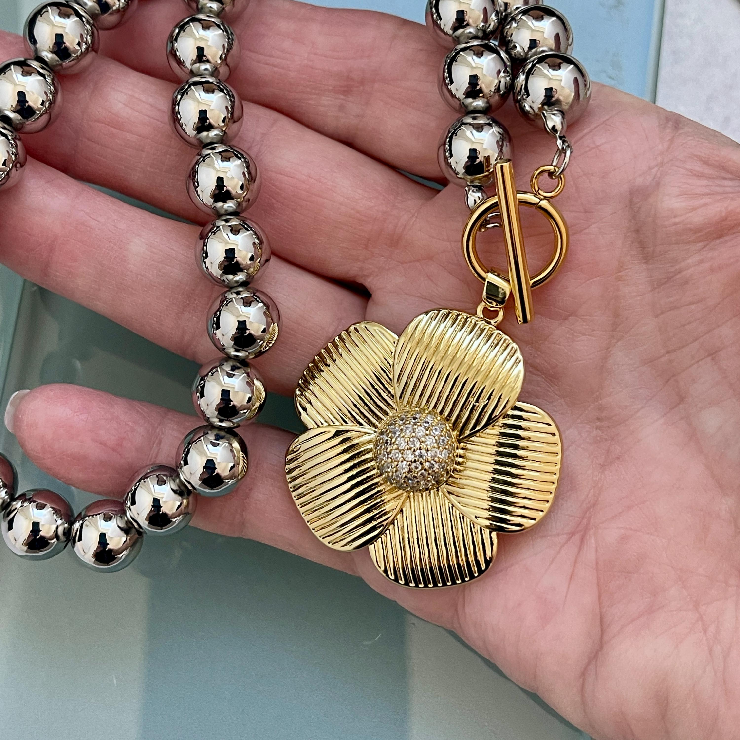 Silver Plated Silicone Bead Necklace- Gold Textured CZ Flower Pendant- Mixed Metal Jewelry-Toggle Clasp-16in Statement Necklace-Gift For Her