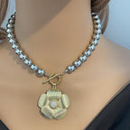 Silver Plated Silicone Bead Necklace- Gold Textured CZ Flower Pendant- Mixed Metal Jewelry-Toggle Clasp-16in Statement Necklace-Gift For Her