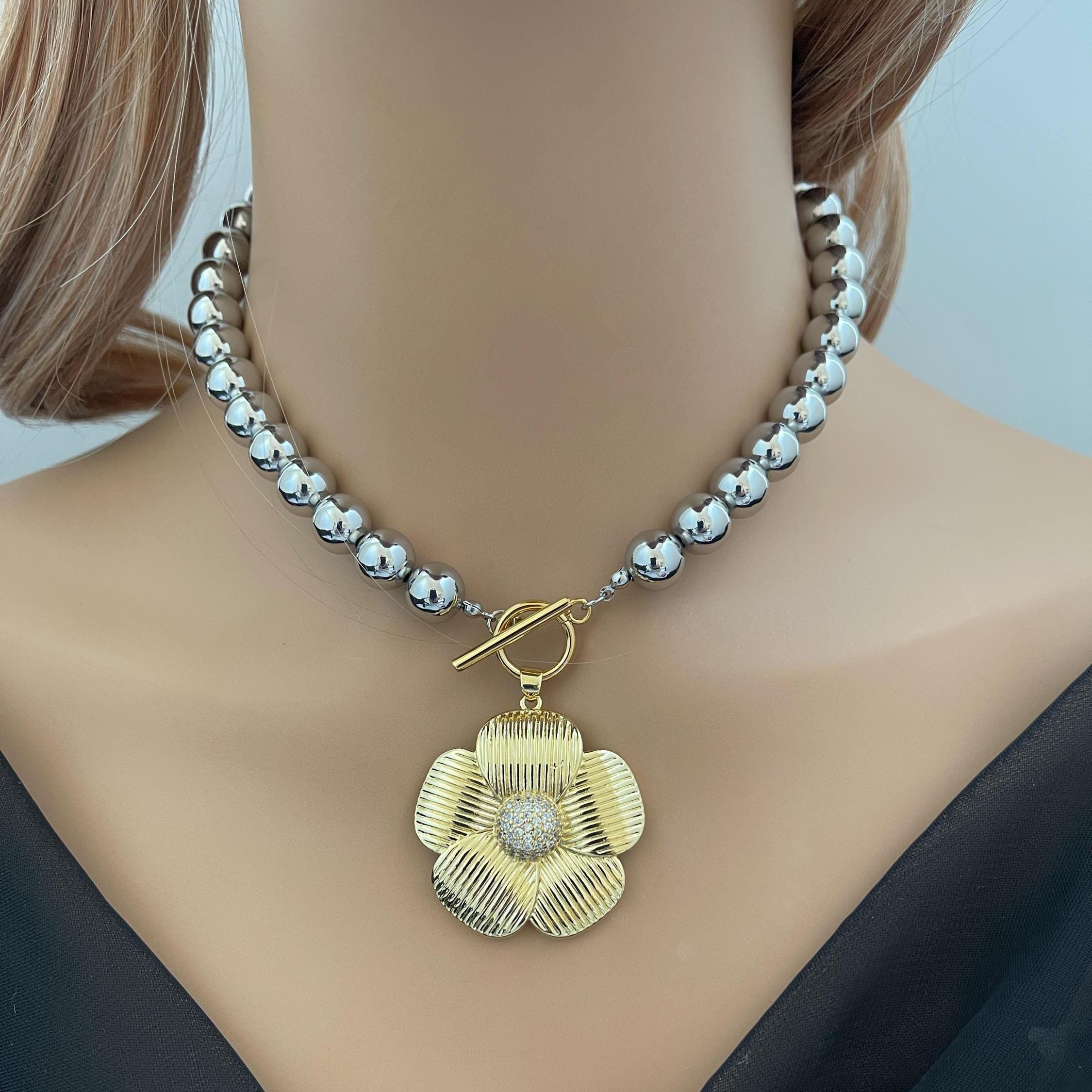 Silver Plated Silicone Bead Necklace- Gold Textured CZ Flower Pendant- Mixed Metal Jewelry-Toggle Clasp-16in Statement Necklace-Gift For Her