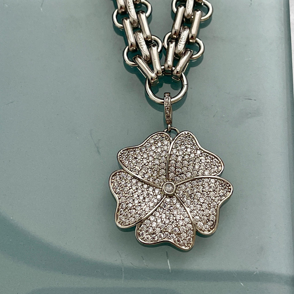Silver Chunky Multilink Chain Necklace- Micro Pave Flower Pendant-CZ Charm-Silver Textured Chain Necklace-Lobster Clasp-Gift For Her