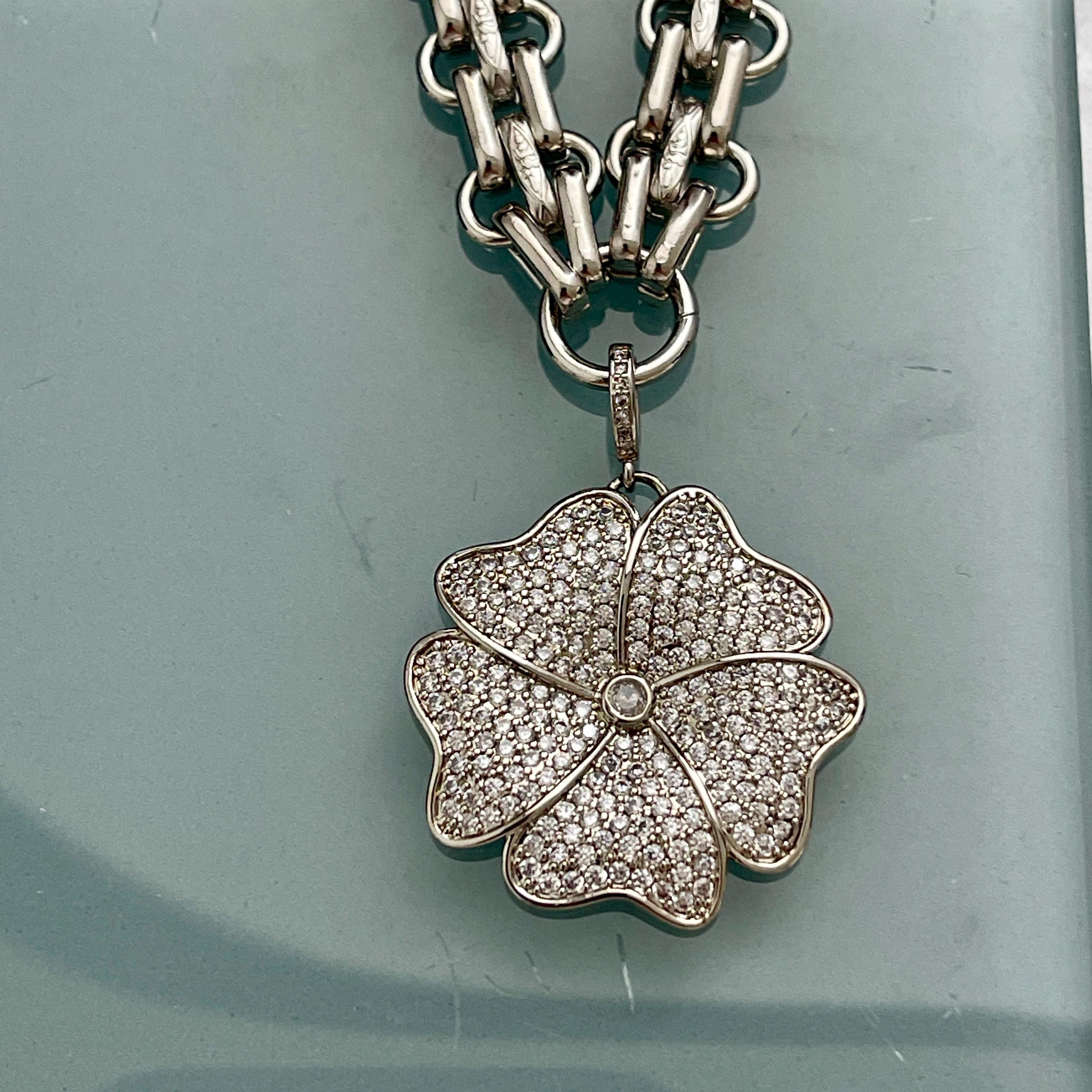 Silver Chunky Multilink Chain Necklace- Micro Pave Flower Pendant-CZ Charm-Silver Textured Chain Necklace-Lobster Clasp-Gift For Her