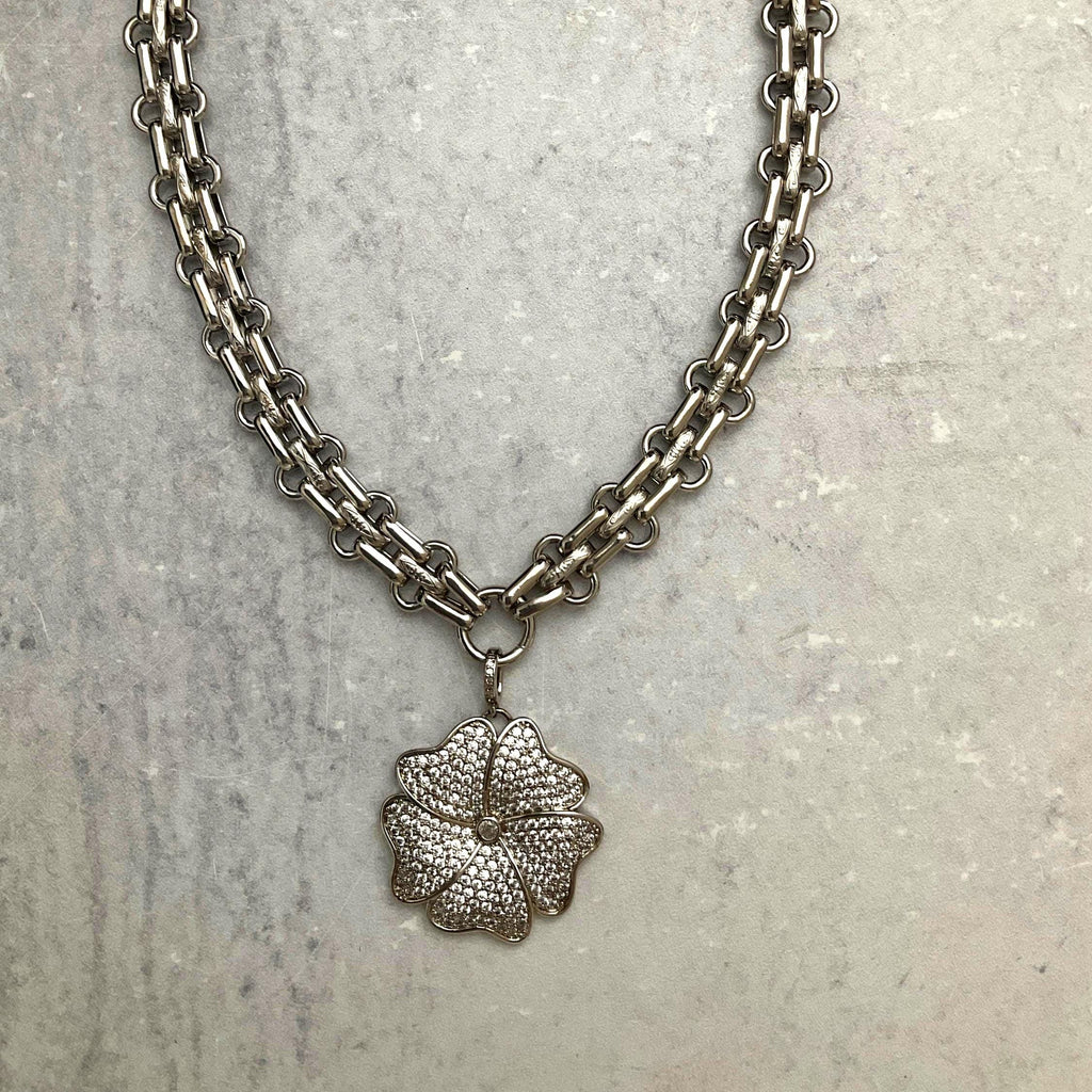 Silver Chunky Multilink Chain Necklace- Micro Pave Flower Pendant-CZ Charm-Silver Textured Chain Necklace-Lobster Clasp-Gift For Her