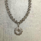 Silver Chunky Multilink Chain Necklace- Micro Pave Flower Pendant-CZ Charm-Silver Textured Chain Necklace-Lobster Clasp-Gift For Her