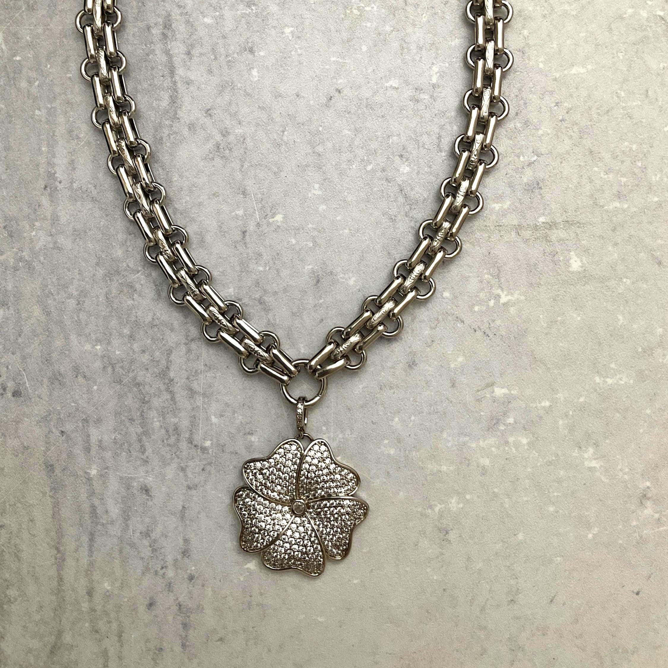 Silver Chunky Multilink Chain Necklace- Micro Pave Flower Pendant-CZ Charm-Silver Textured Chain Necklace-Lobster Clasp-Gift For Her