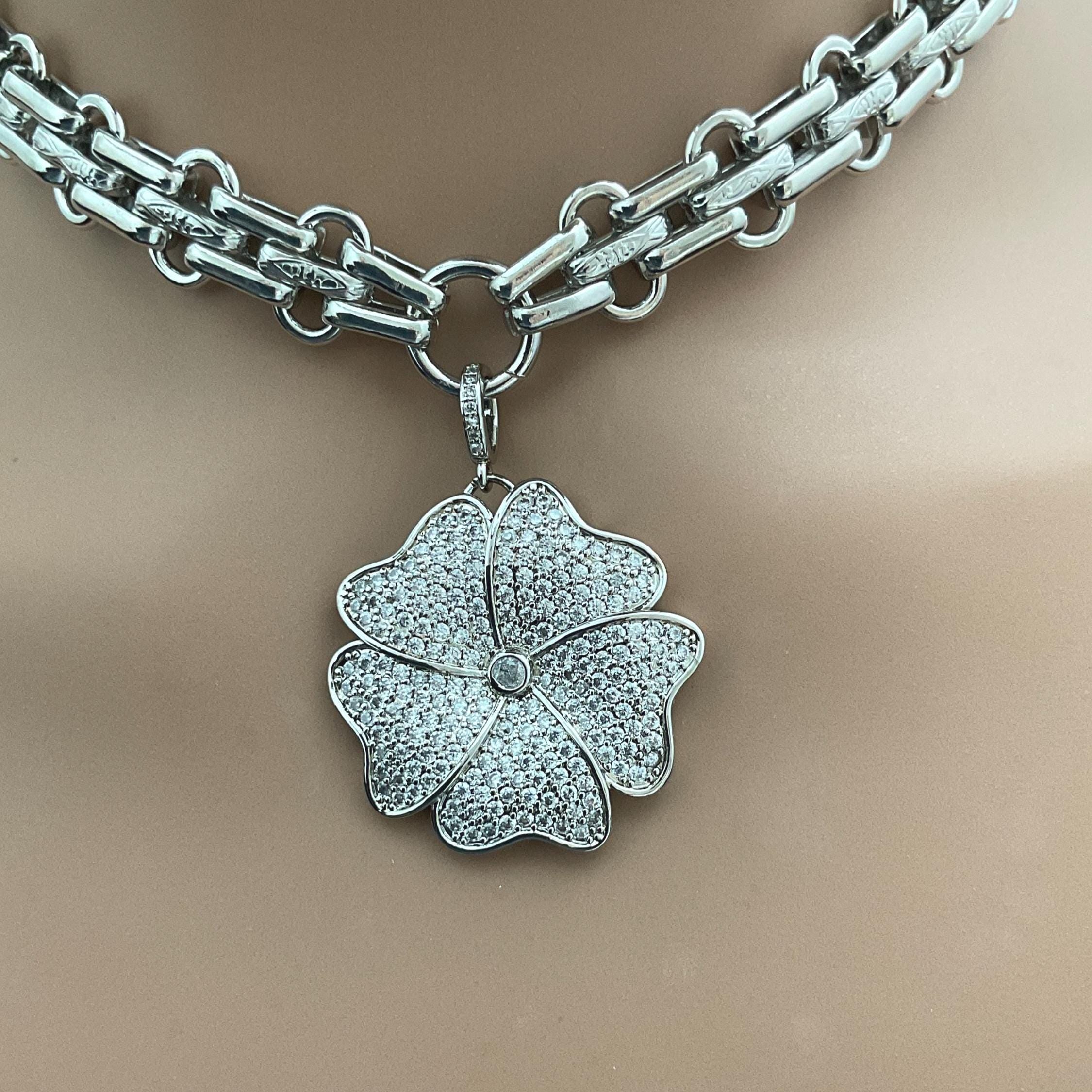 Silver Chunky Chain Necklace - Cubic Zirconia Flower Pendant