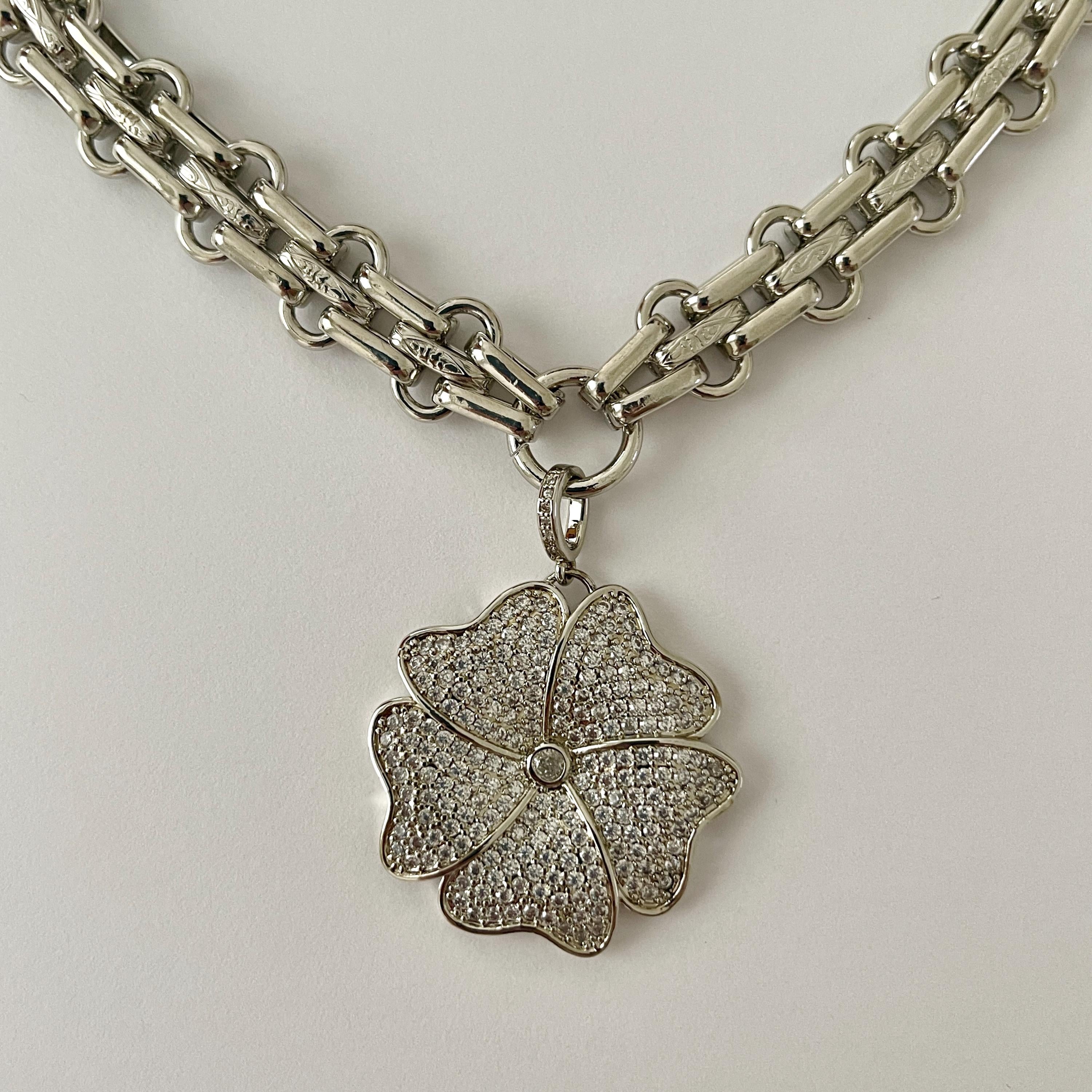 Silver Chunky Multilink Chain Necklace- Micro Pave Flower Pendant-CZ Charm-Silver Textured Chain Necklace-Lobster Clasp-Gift For Her
