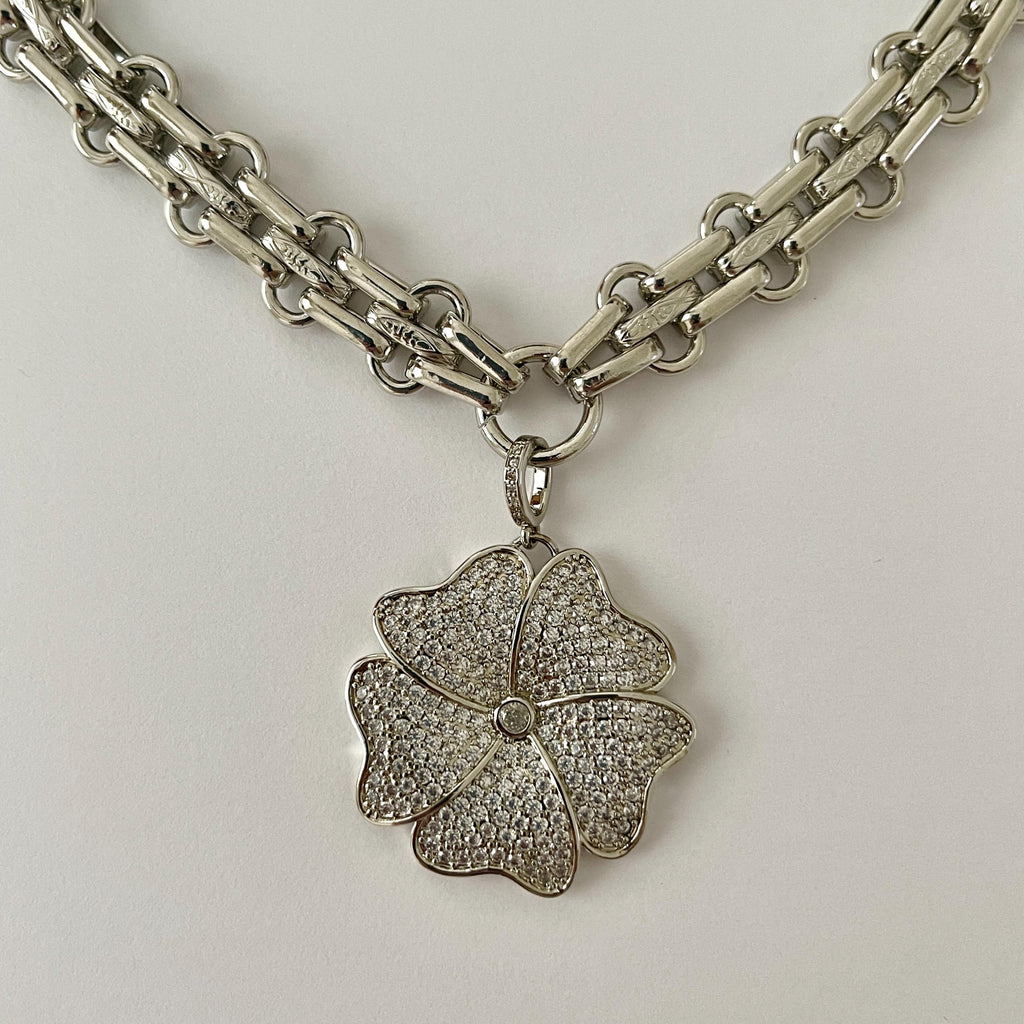 Silver Chunky Chain Necklace - Cubic Zirconia Flower Pendant