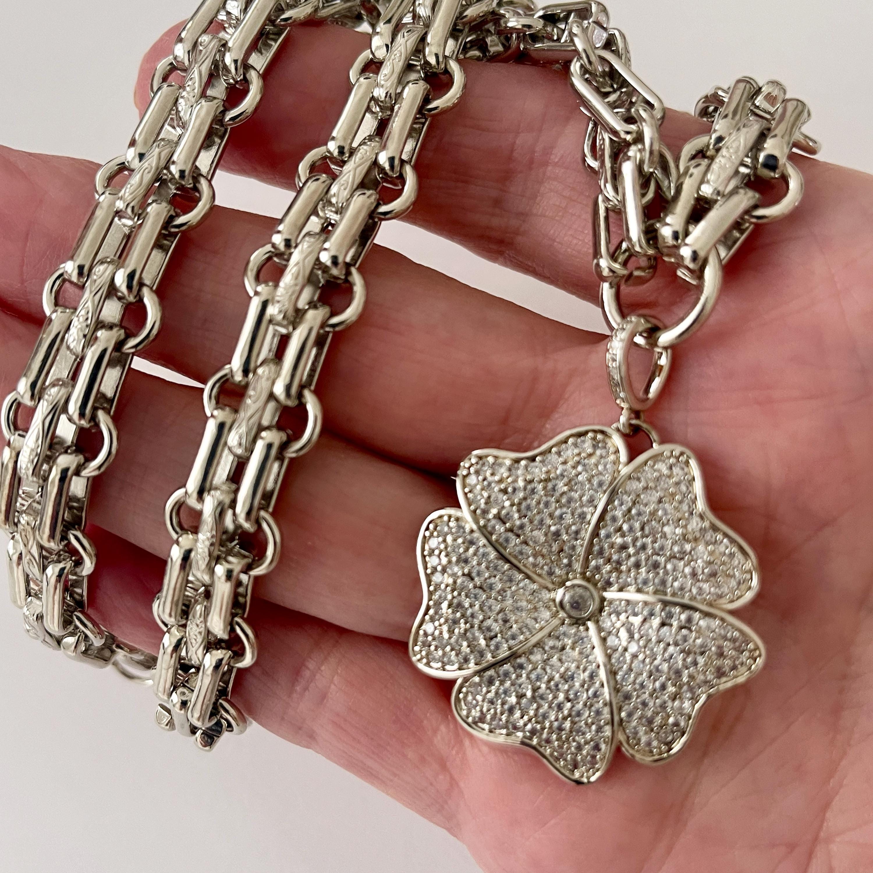 Silver Chunky Multilink Chain Necklace- Micro Pave Flower Pendant-CZ Charm-Silver Textured Chain Necklace-Lobster Clasp-Gift For Her