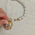 Gold CZ Pearl Pendant Necklace: 16in Porcelain Glass Pearls