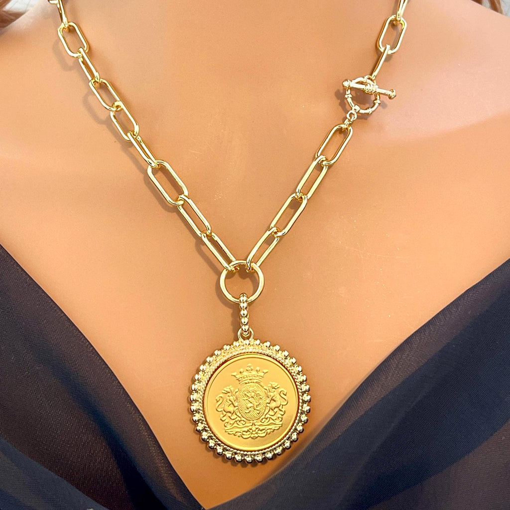 Gold Shield Coin Pendant-Gold Paperclip Chain- Shield Pendant with Textured Bezel-Toggle Clasp