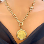 Gold Shield Coin Pendant-Gold Paperclip Chain- Shield Pendant with Textured Bezel-Toggle Clasp