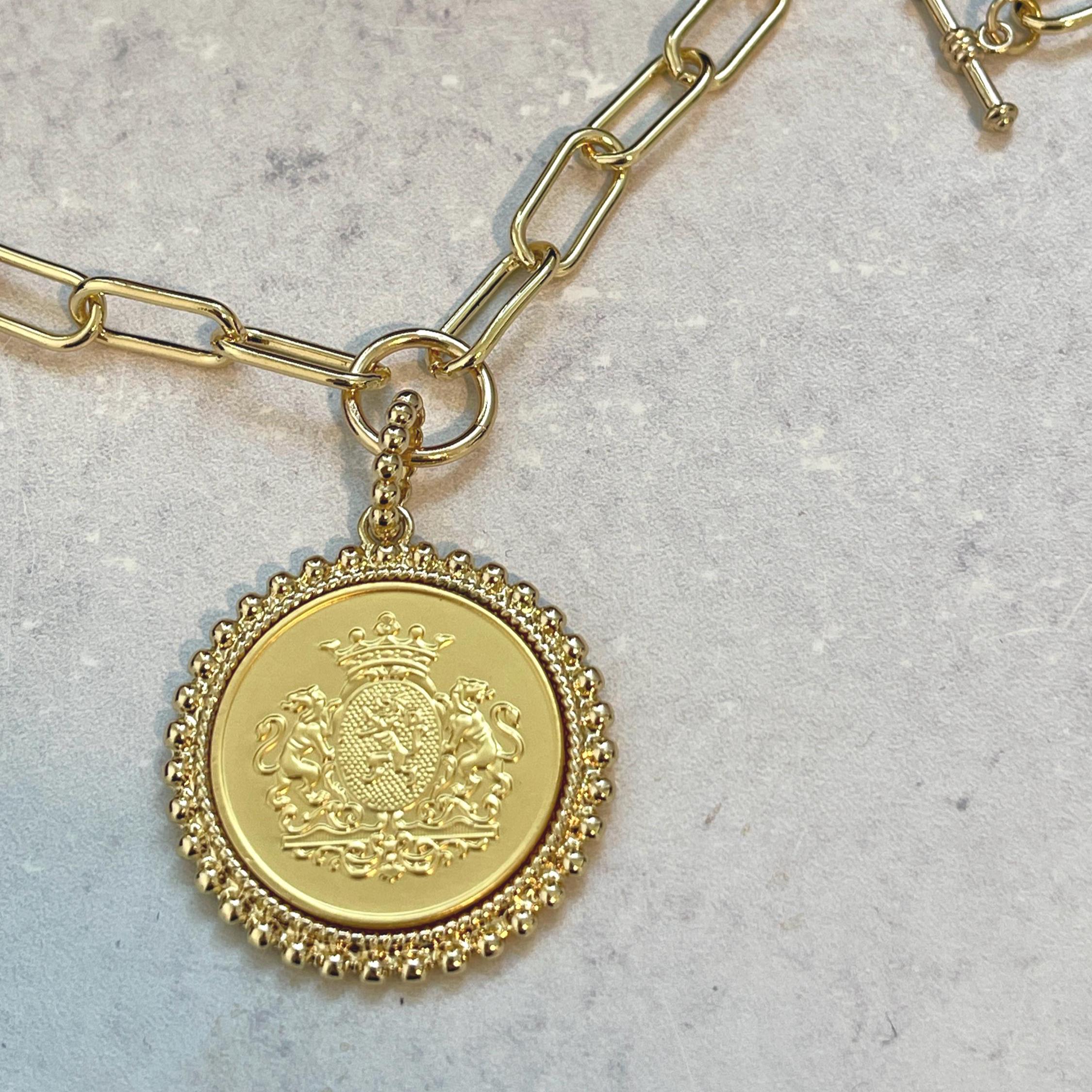 Gold Shield Coin Pendant-Gold Paperclip Chain- Shield Pendant with Textured Bezel-Toggle Clasp