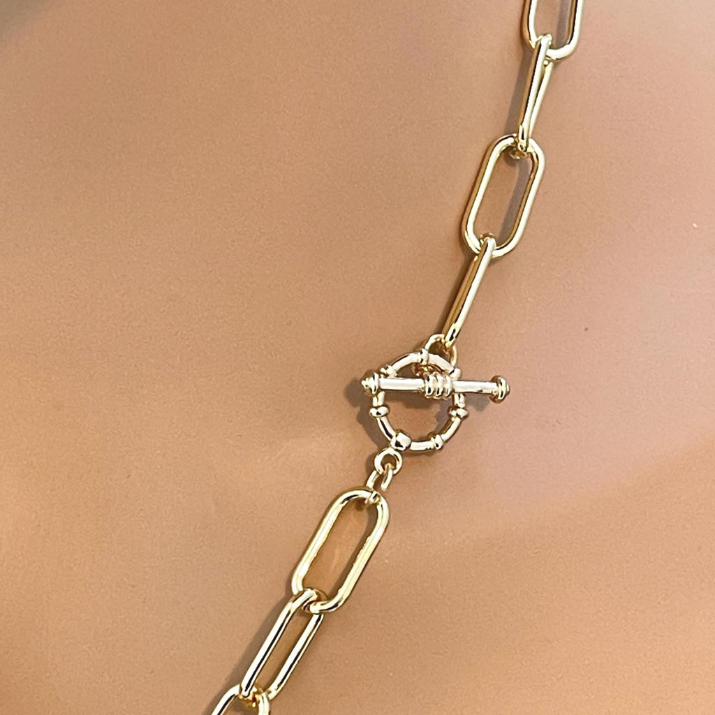 Gold Shield Coin Pendant-Gold Paperclip Chain- Shield Pendant with Textured Bezel-Toggle Clasp